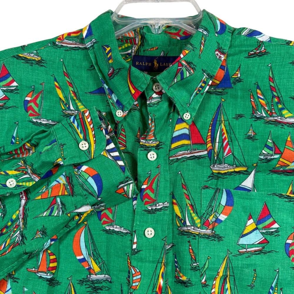 Ralph Lauren Button Down Men XL Green Sailboat Print Linen Long Sleeve Shirt